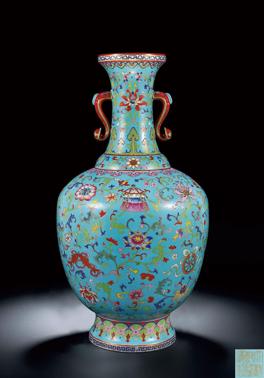 ◆乾隆 御製松石綠地洋彩描金蓮託八吉祥紋如意耳大瓶