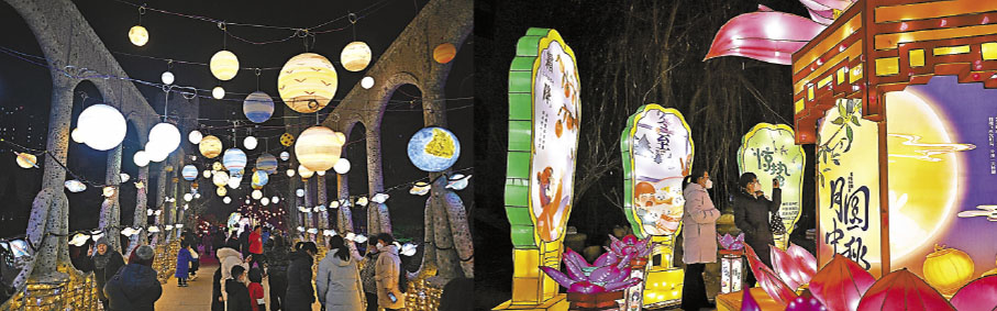 ◆人們在中華石園新春民俗燈會賞燈遊玩。