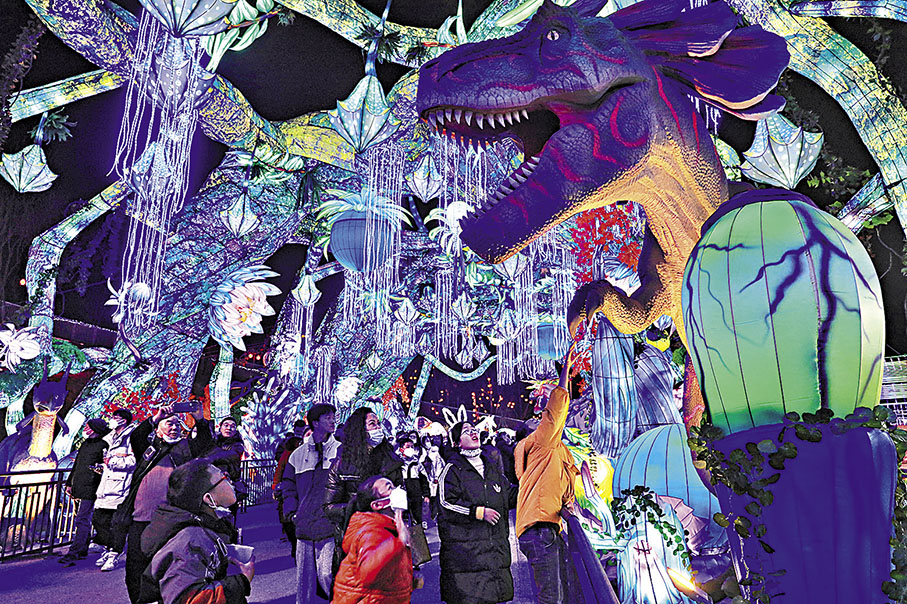 ◆遊客在自貢國際恐龍燈會觀賞彩燈。