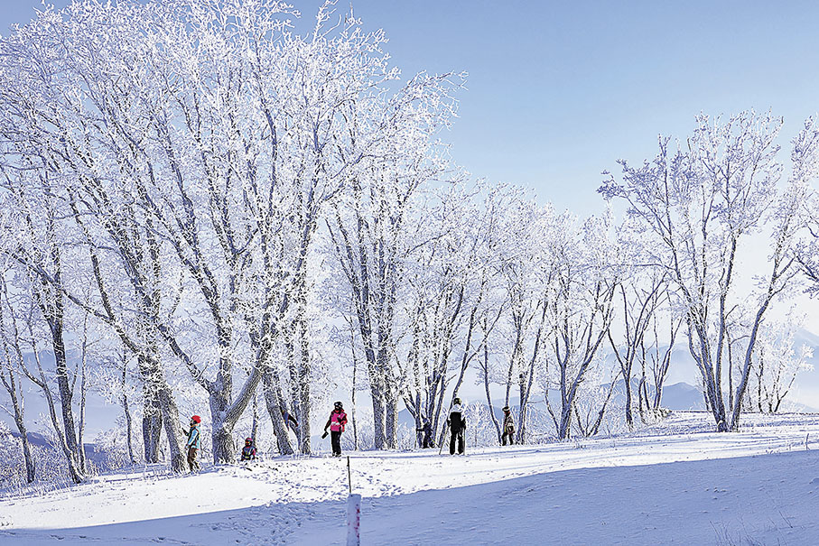 ◆清晨的霧凇布滿萬科松花湖滑雪場山頂，滑雪愛好者們停下腳步欣賞美麗的高山霧凇。