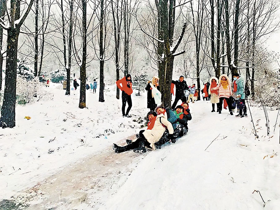 ◆遊客在秦嶺山林間賞雪、滑雪。