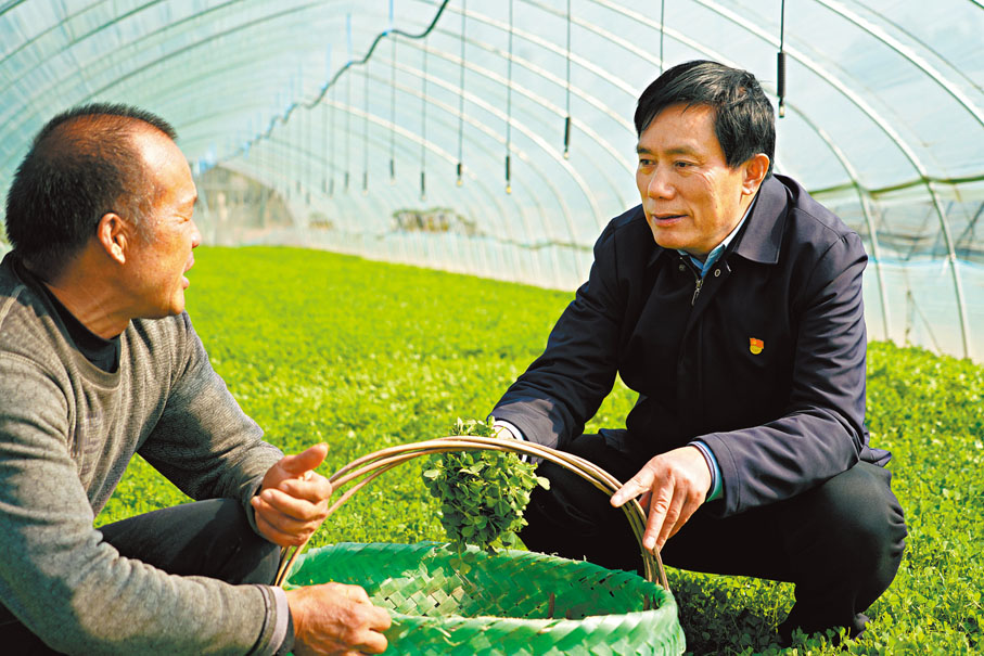 ◆楊恒俊（右）在蔬菜大棚和百姓交流。香港文匯報兩會傳真