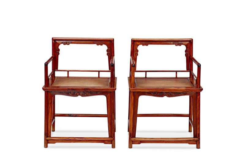 ◆明末清初黃花梨券口靠背玫瑰椅(一對)
