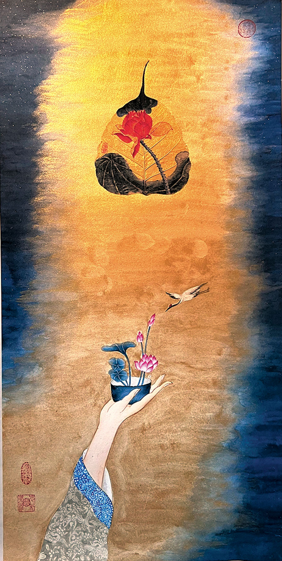 ◆恒錦的作品常選擇經處理的菩提葉作為其中的一部分。 受訪者供圖