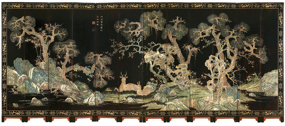 ◆潤熙堂ArtAsiatiqueSarl  法國 清康熙 黑漆地填彩十二扇屏風