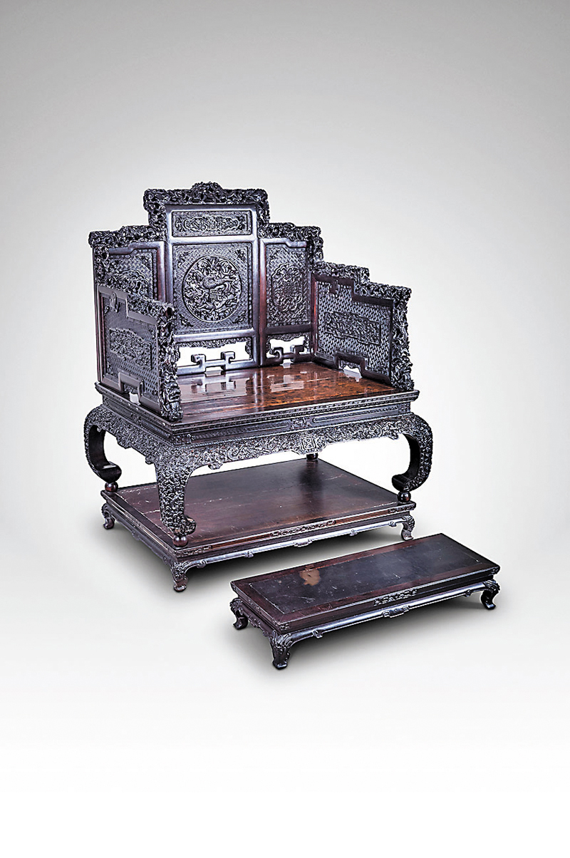 ◆清雕龍紋紫檀寶座連腳踏