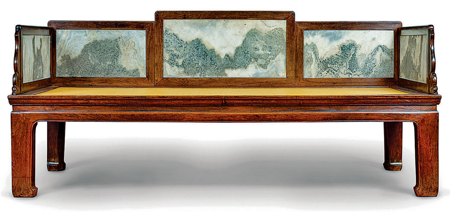 ◆明末清初黃花梨五屏風式嵌大理石馬蹄腿羅漢床