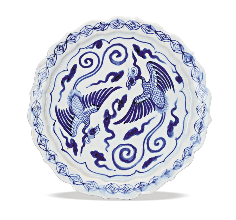 ◆元青花雲鳳紋菱口盤