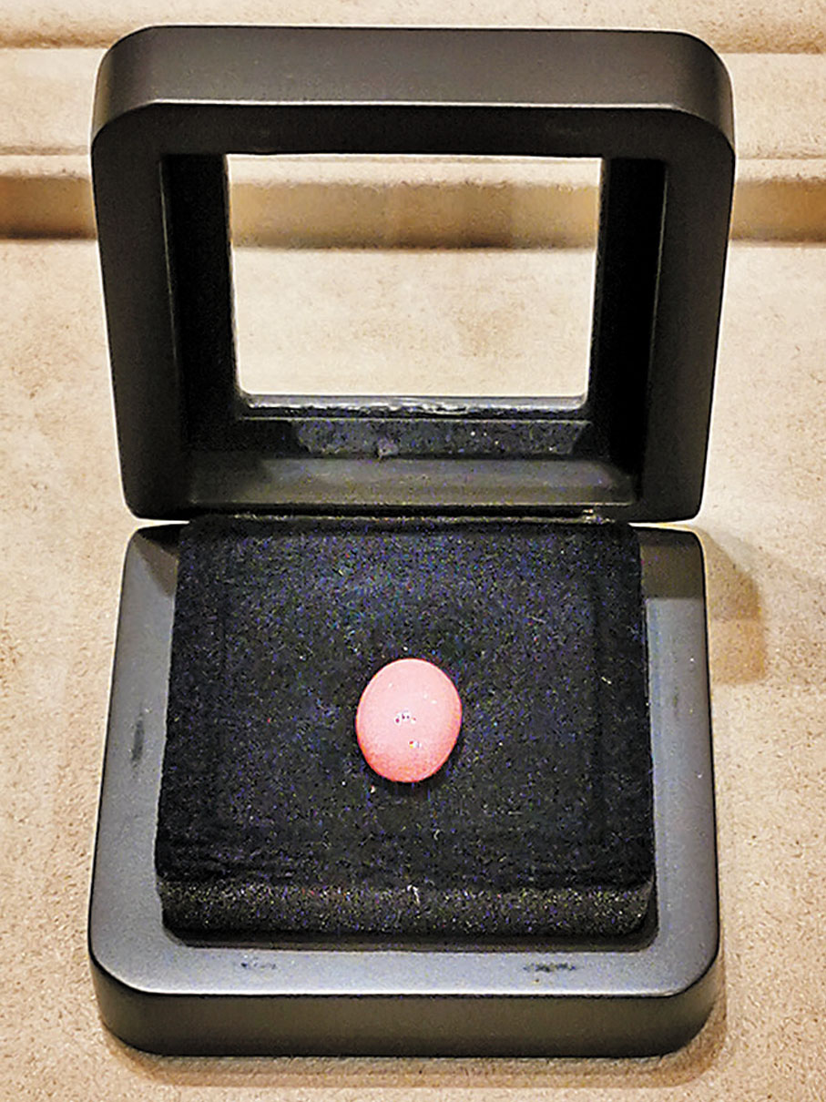 ◆18K玫瑰金、紅寶石和海螺珍珠胸針。