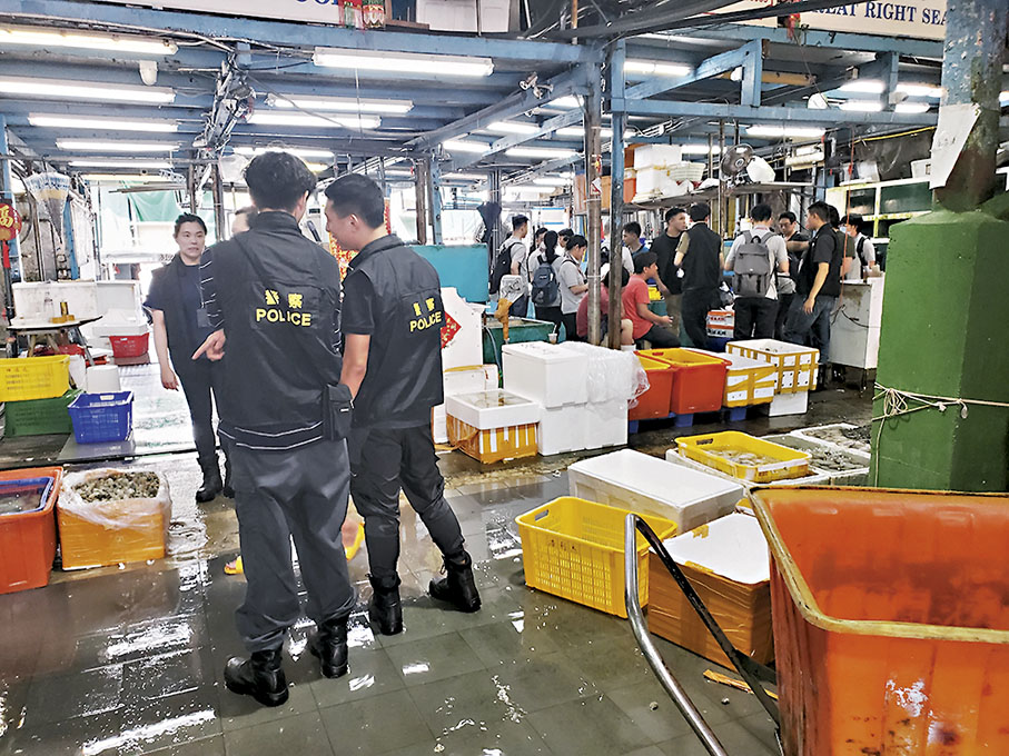 ◆競委會與警方等多部門搜查香港仔魚市場多個處所，打擊合謀定價。香港文匯報 記者 劉友光 攝