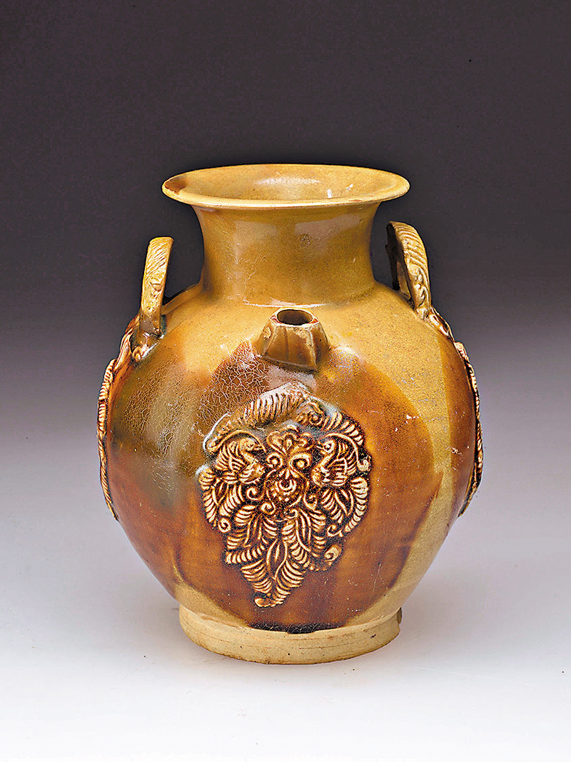 ◆青釉褐斑貼椰棗紋瓷壺