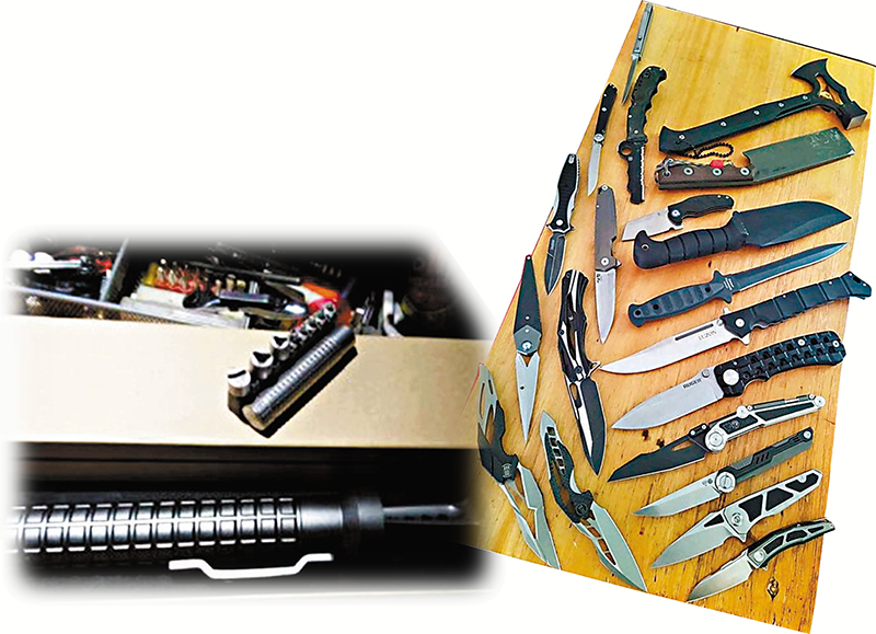 ◆涉案地盤男工在其Fb上展示子彈﹑槍管及多柄利刃照片。Fb圖片