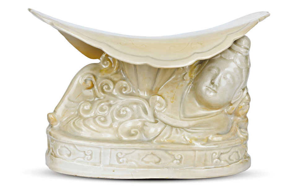 ◆宋定窯白釉仕女枕