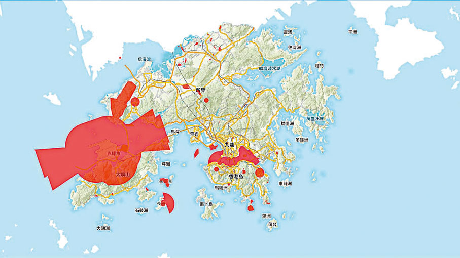 ◆小型無人機飛行圖，紅色為禁飛位置。