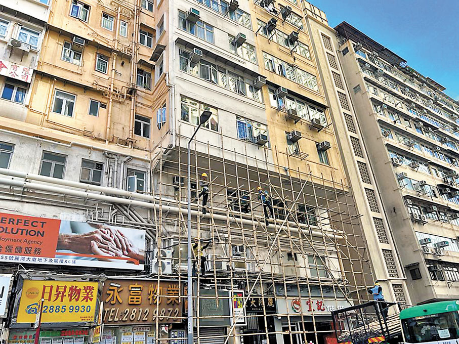 ◆麗灣大廈石屎剝落現場昨已搭起棚架維修。