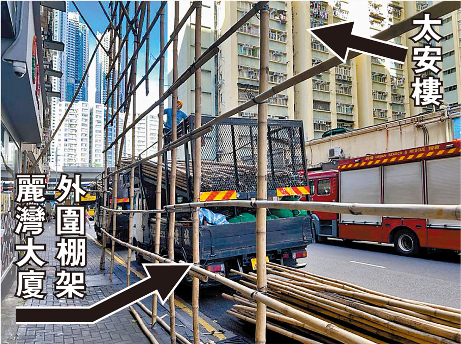 ◆麗灣大廈隔籬的太安樓也「同病相憐」，雖於3年前收到驗樓令，但至今仍未展開維修。