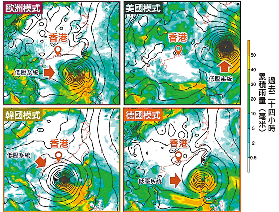 ◆不同電腦模式預測下周二（25日）晚上8時的地面天氣圖。香港天文台網頁截圖