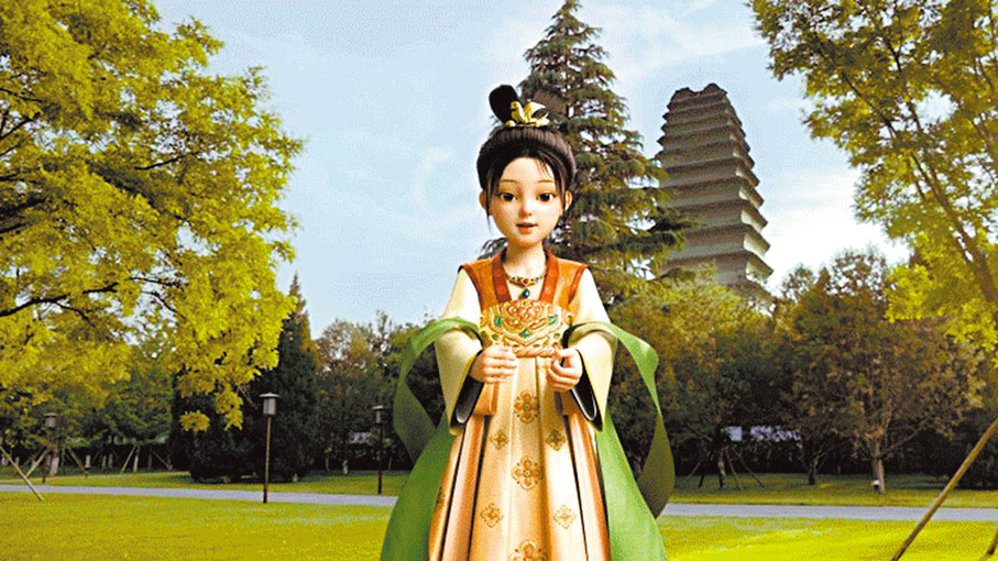 ◆「唐美麗」在西安博物院向遊客介紹小雁塔。