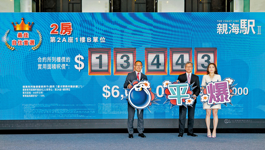 ◆長實趙國雄（中）形容，親海駅II首張價單為「平爆價」，又指作為發展商亦要有社會責任，協助市民安居。