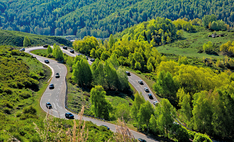 ◆自駕遊客行駛在新疆阿勒泰千里畫廊
