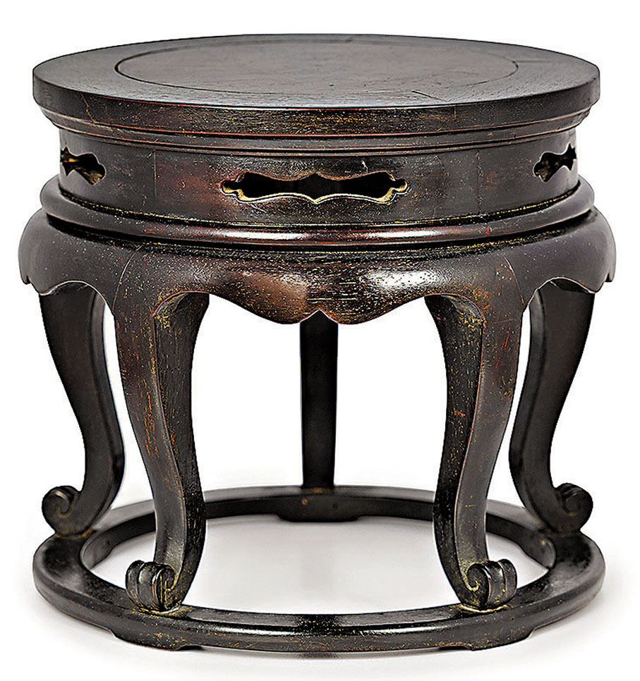 ◆明末清初紫檀嵌櫻木五足圓形小香几