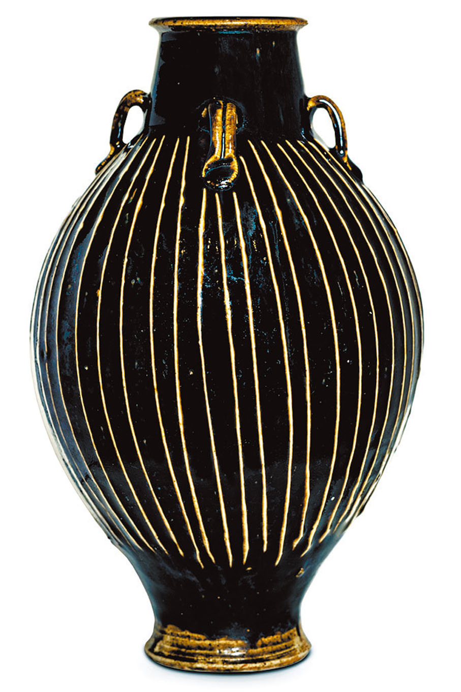 ◆（宋）山東淄博黑釉線紋四系耳尊