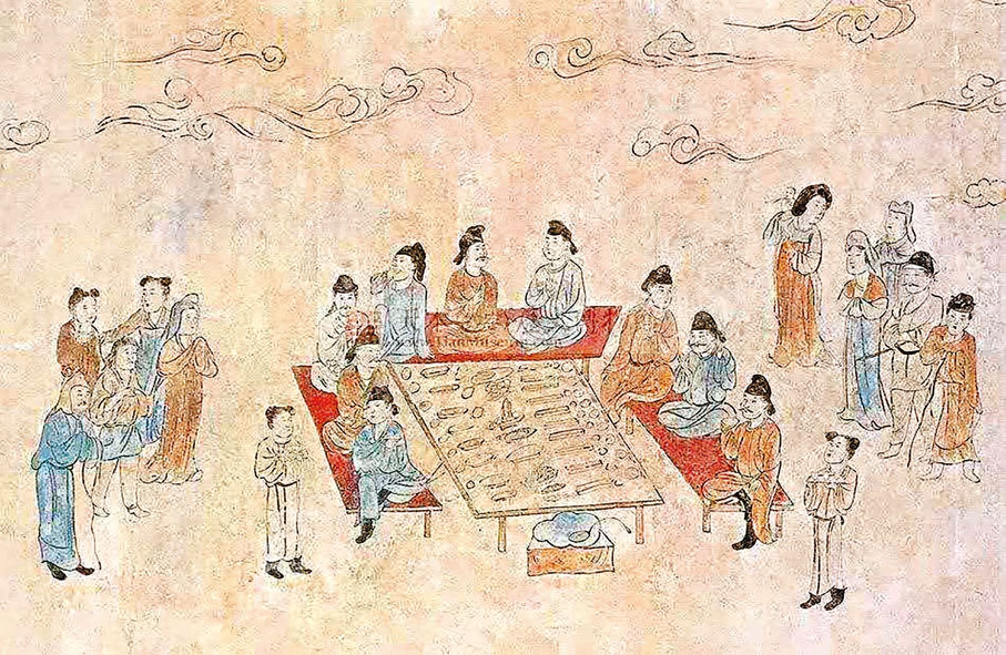 ◆有關唐代燒尾宴的記載僅餘下韋巨源的《燒尾食單》殘本。圖為唐代《宴飲圖》壁畫。 網上圖片