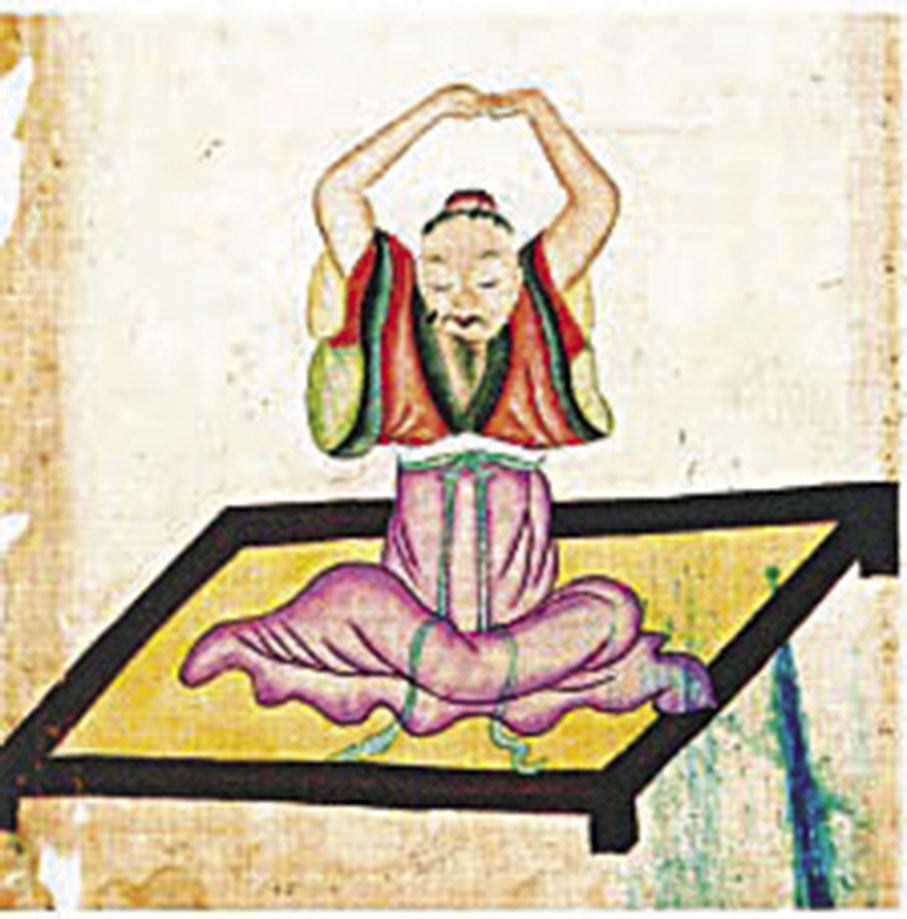 ◆叉手托天式（《養生氣功導引圖》）。