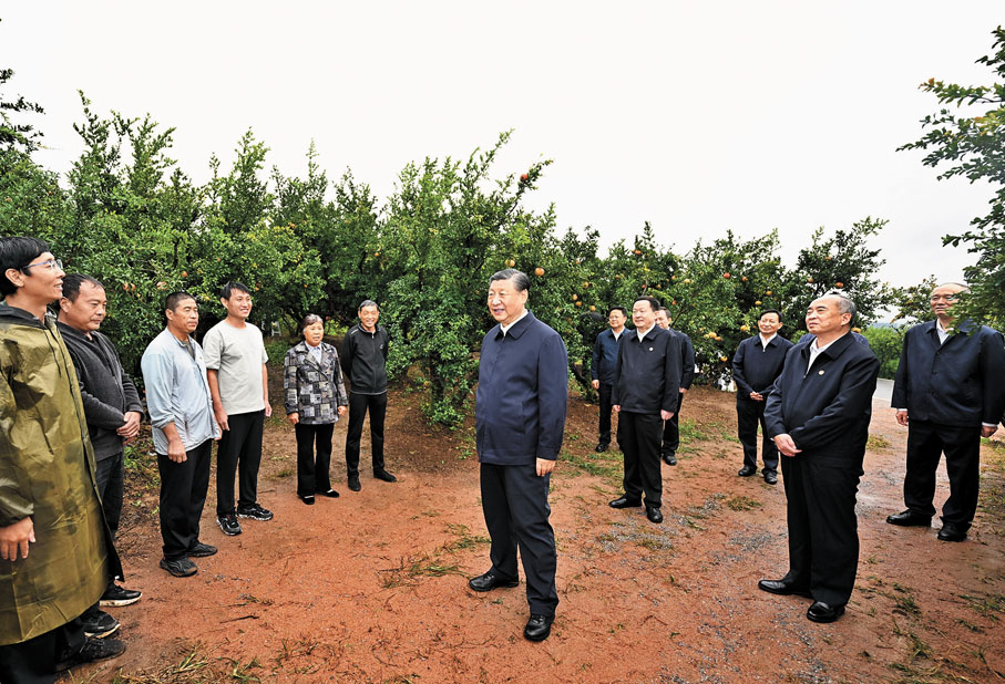 ◆9月24日，中共中央總書記、國家主席、中央軍委主席習近平在浙江考察結束返京途中，來到山東省棗莊市考察。這是習近平在位於嶧城區的冠世榴園石榴種植園同老鄉們親切交流。 新華社