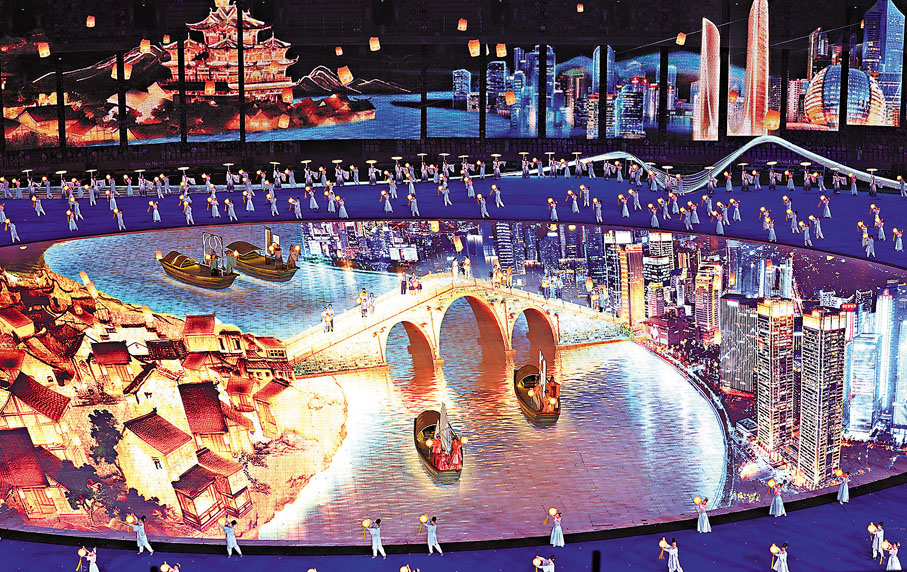 ◆由裸眼3D技術建構的「拱宸橋」連通古今。新華社