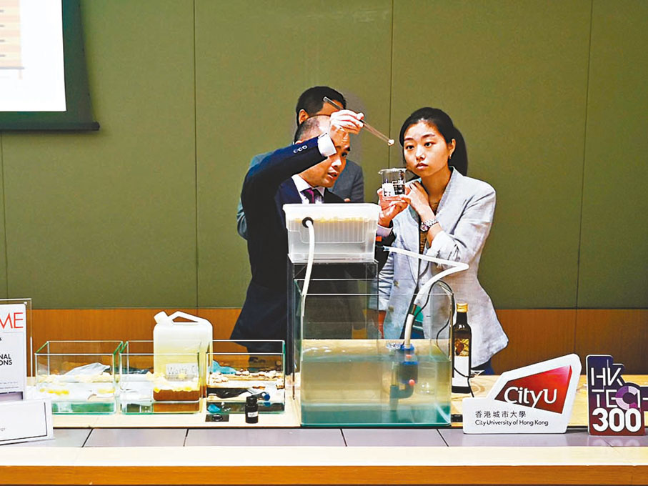 ◆香港城市大學教授高志釗領導的研發團隊在演示「智能海綿」功效。