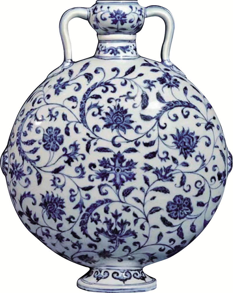 ■明永樂青花纏枝花卉紋雙耳扁壺