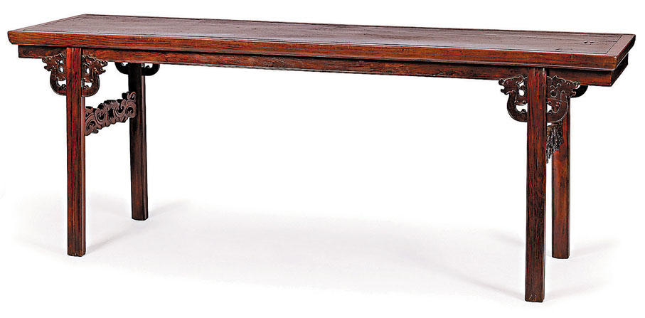 ◆明末清初黃花梨鳳紋嵌樺木長案