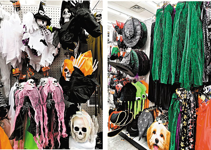 ◆萬聖節派對衣飾是消費者主要支出（右圖）。髏頭是萬聖節首選裝飾，不可缺少。（左圖）    成小智  攝