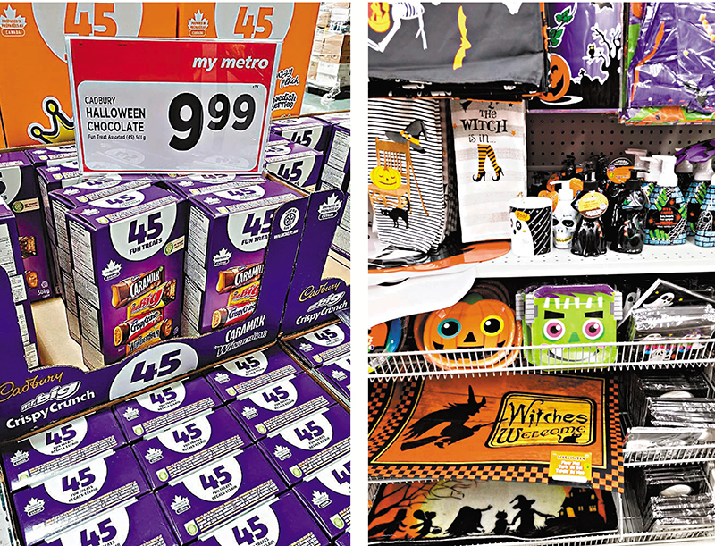 ◆各種日常用品換上萭聖節包装特別吸睛（右圖）。在物價高漲下，大盒雜錦朱古力最划算（左圖）。    成小智  攝