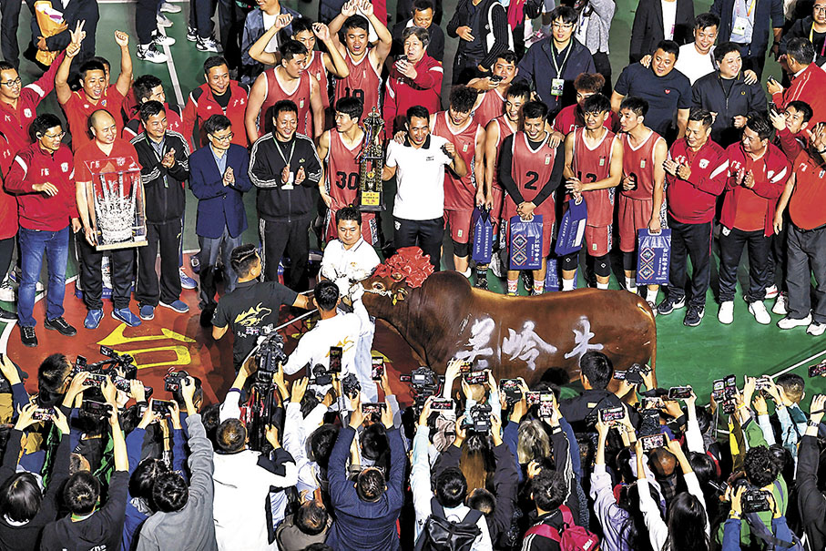 ◆冠軍廣東沙溪隊獲頒關嶺黃牛作為獎勵。 新華社