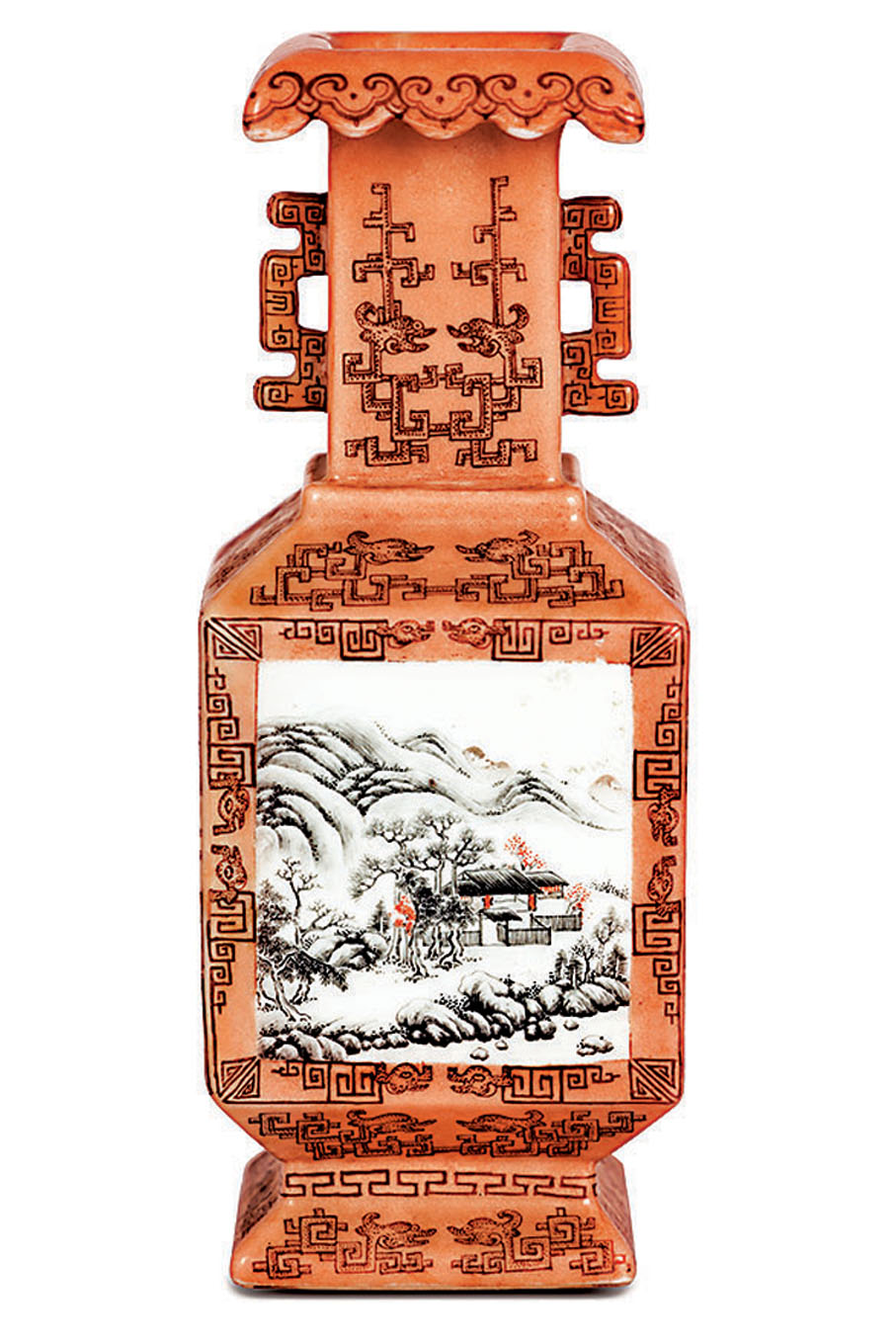 ◆民國王步墨彩開光山水紋方瓶