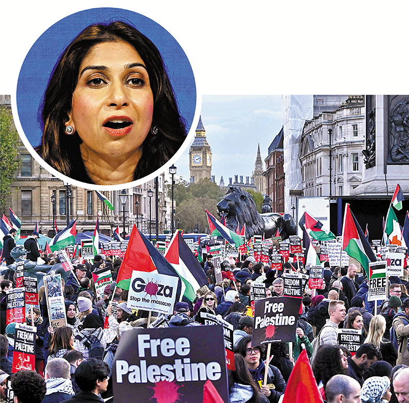 ◆布雷弗曼（圓圖）不滿倫敦警方批准親巴團體周六遊行。 資料圖片