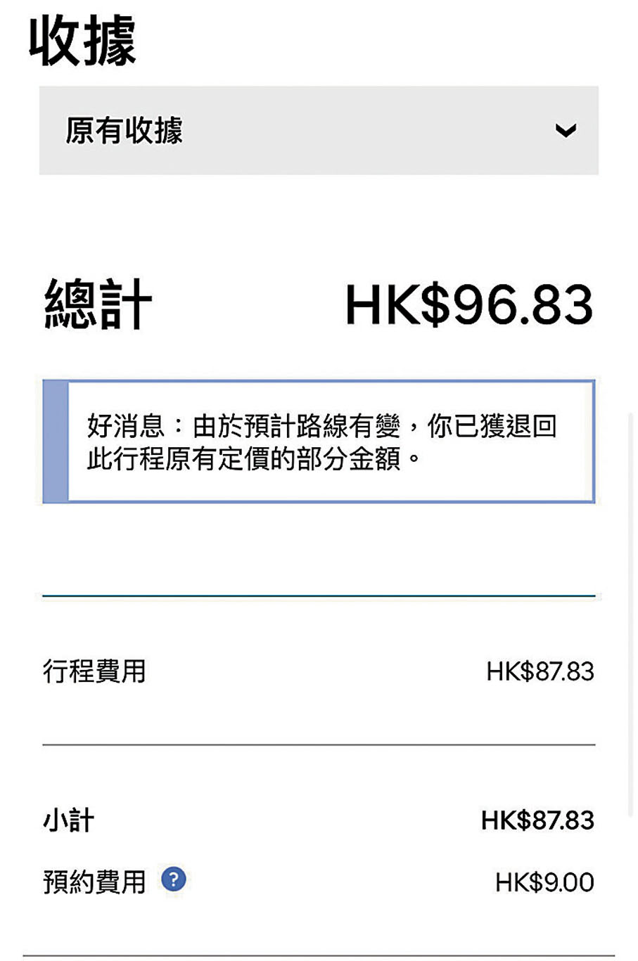 ◆行程實際收費為96.83元，比原定價低26.27元。