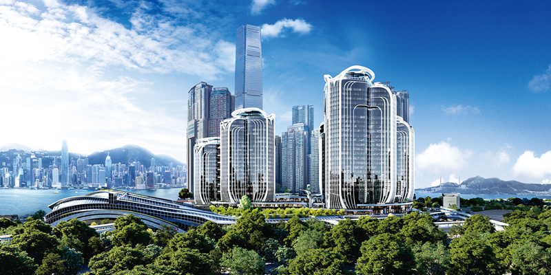 ◆ 以上為新地高鐵西九龍總站發展項目的效果圖。該項目連同鄰近的環球貿易廣場，及正在興建的西九文化區藝術廣場大樓，將推動該區以至香港成為大灣區重要的商業、零售、文化及交通樞紐。