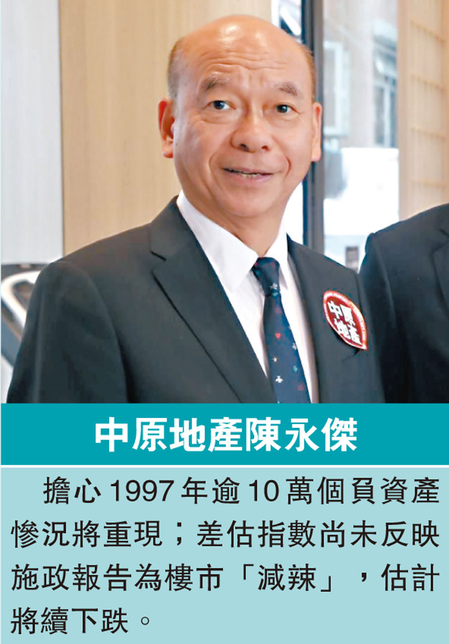 中原地產陳永傑:擔心1997年逾10萬個負資產慘況將重現；差估指數尚未反映施政報告為樓市「減辣」，估計將續下跌。