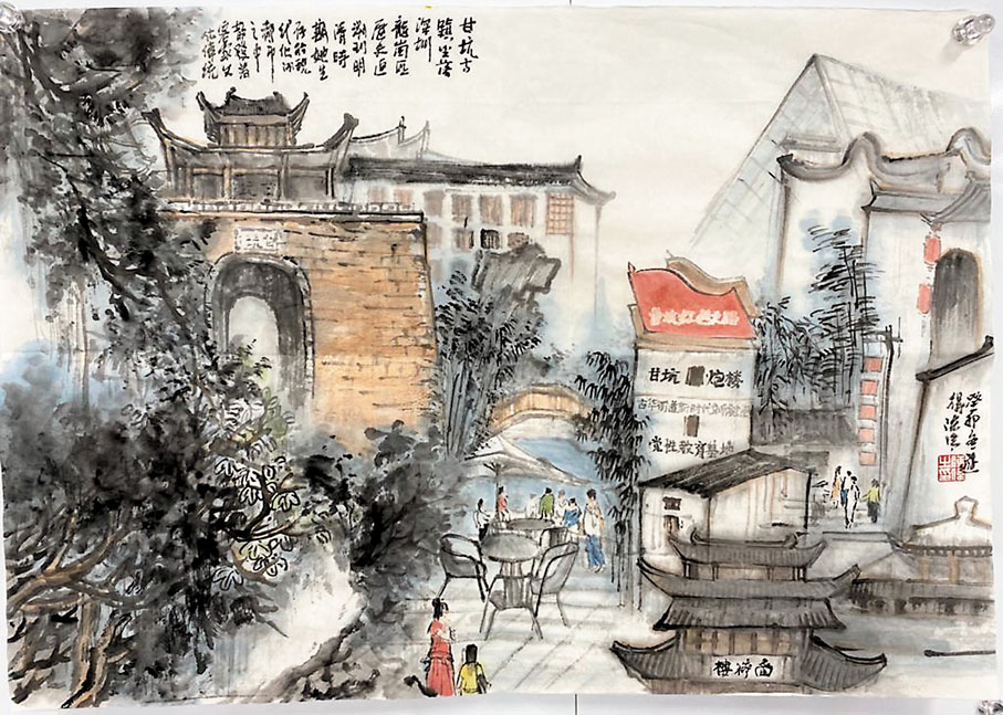 ◆香港著名畫家陳偉老師筆下的深圳龍崗甘坑古鎮。