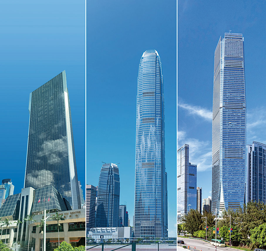 ◆新地多個旗艦項目已獲得LEED鉑金級認證，包括由左起，新鴻基中心、IFC一期和IFC二期及ICC。