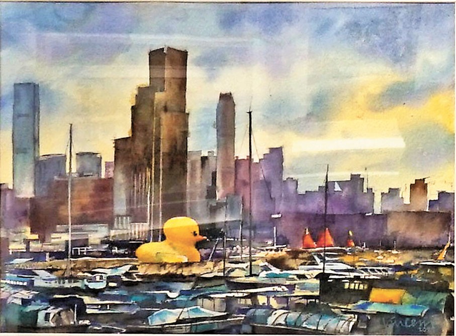 ◆《橡皮鴨維港遊之一》，吳永順，水彩。