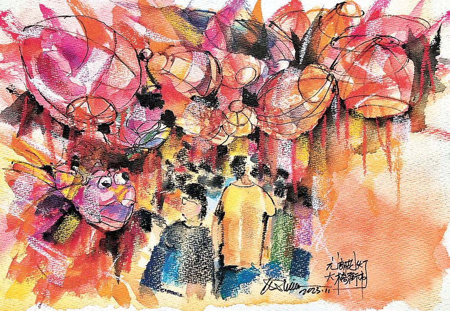 ◆《元朗花燈節》，岑延威，墨本水彩。 受訪者供圖