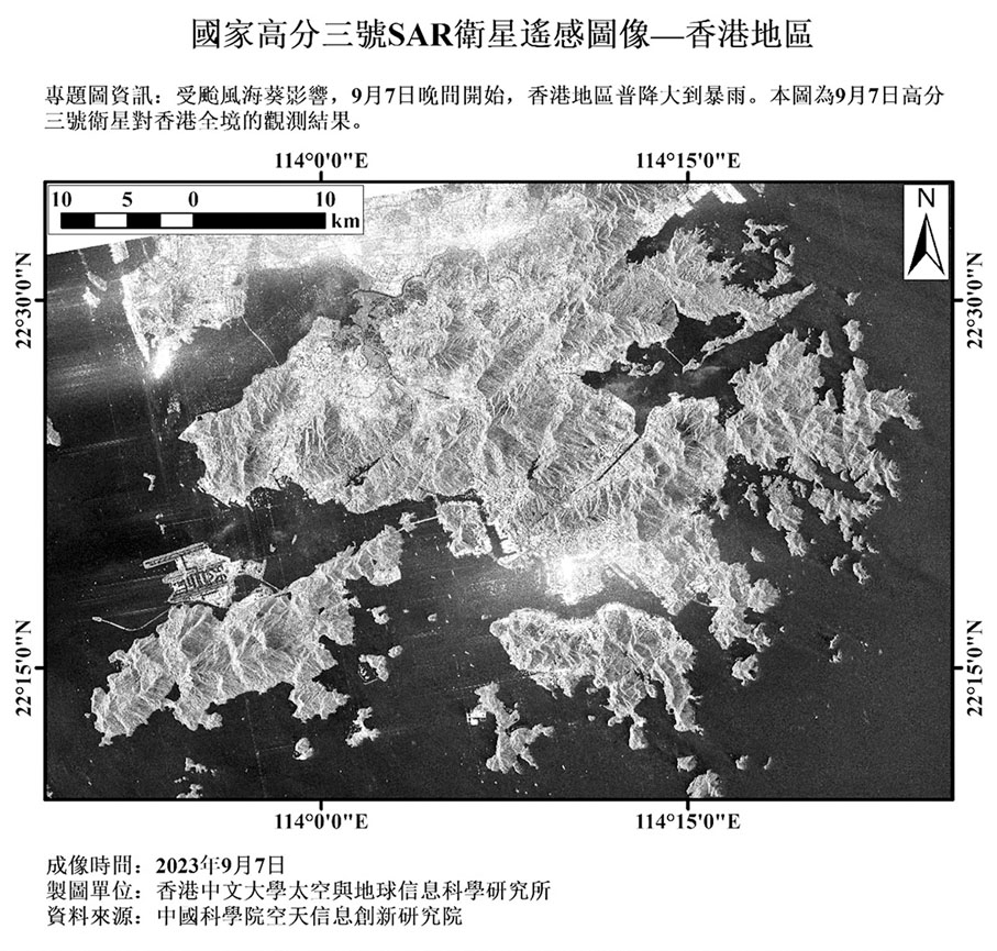 ◆高分三號SAR影像強度圖 （亮色代表強散射目標，如樓房，暗色代表弱散射目標，如水體） 。中大圖片