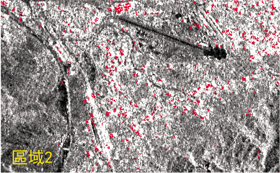 ◆高分三號SAR影像強度圖，紅色區域表示懷疑水浸區域。 中大圖片