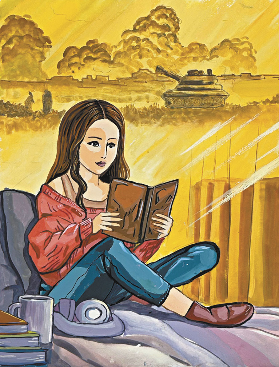 ◆14歲的何詠翹畫中的女孩在映着戰火的窗戶後閱讀。