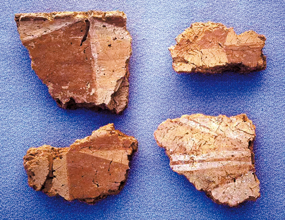 ◆女神廟出土的壁畫殘片，可見為泥塑工藝。