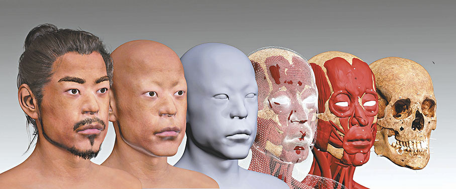 ◆紅山先民頭骨復原步驟圖。遼寧省文物考古研究院供圖